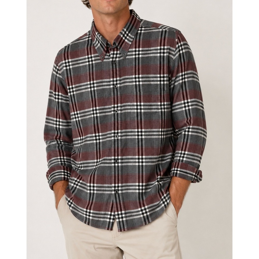 Burberry London Mens XL Nova Check Button Down Shirt Burgundy Grey Made USA Vtg‎